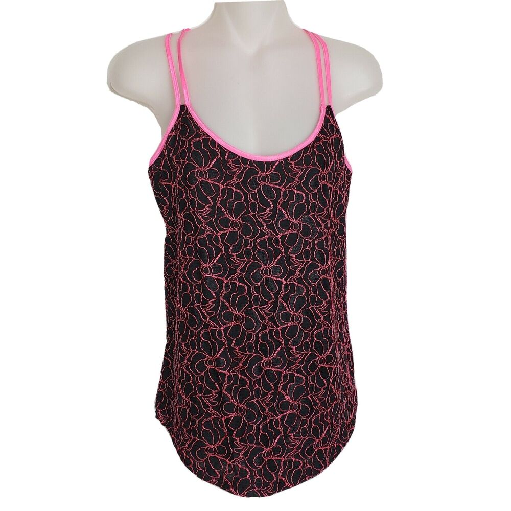 Maurices Women Top Small Tank Black Pink Double Spaghetti Strap Embroidered Line
